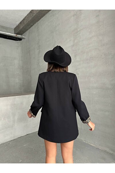 olalapasha Yeni Sezon Kadın Blazer Ceket İçi Leopar Astar Detaylı Düğmesiz Uzun