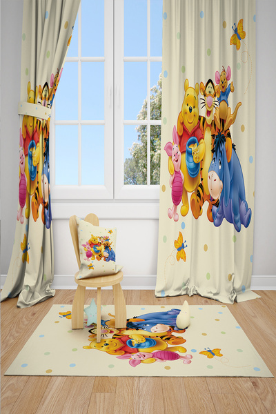 BelezaHome Yellow Blue Winnie The Pooh Decorative Kids Room Background Curtain