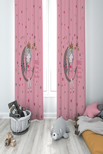 BelezaHome Pink Girl on the Moon Decorative Children's Room Background Curtain