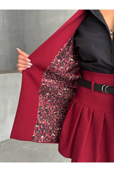 olalapasha Yeni Sezon Kadın Blazer Ceket İçi Leopar Astar Detaylı Düğmesiz Uzun