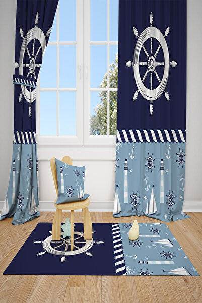 BelezaHome ستارة خلفية لغرفة الأطفال مزخرفة بسفينة منارة زرقاء
