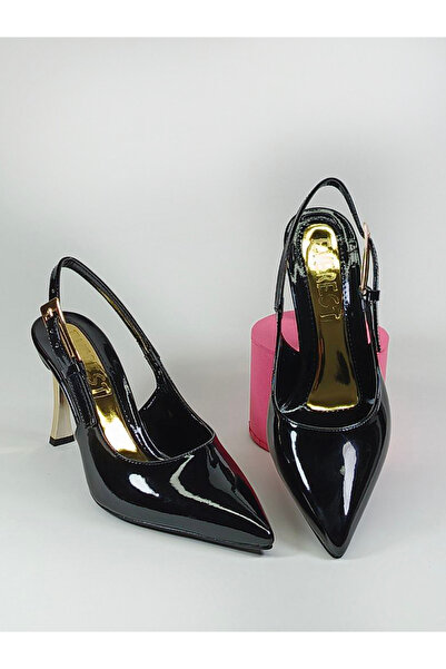 Everest Kadın Steletto Altın Topuk Siyah Rugan Uzun Toka Arkası Açık