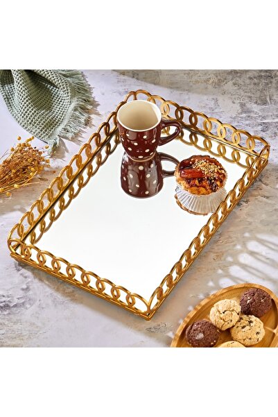 moda armanc Aynalı Halka Tepsi Lux Gold Sunum Tepsisi
