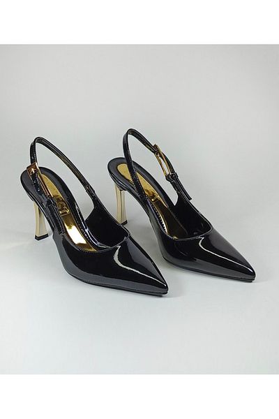 Everest Women's Steletto Gold Heel Black Patent Leather Long Buckle Open Back