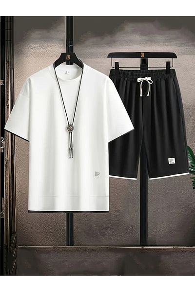 Machetta Men's New Season 100% Cotton White Detailed T-Shirt Shorts Set