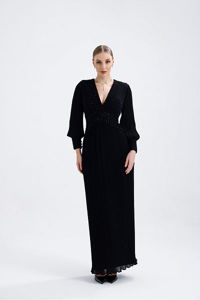Atelier Pret V-neck Jewelled Embroidered Pleated Chiffon Evening Dress