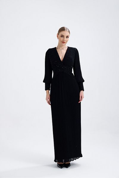 Atelier Pret V-neck Jewelled Embroidered Pleated Chiffon Evening Dress
