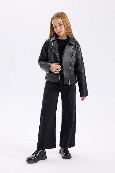 DeFacto Girl's Water Repellent Zippered Faux Leather Jacket Coat D6921A825Sp