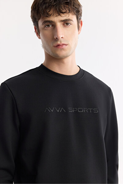 Avva Erkek Siyah Bisiklet Yaka Baskılı Bi-Stretch İnterlok Regular Fit Sweatshirt A51Y1208