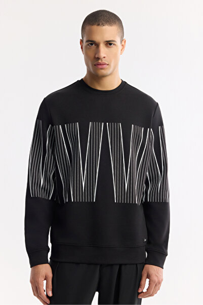 Avva Erkek Siyah Bisiklet Yaka Baskılı Bi-Stretch İnterlok Regular Fit Sweatshirt A51Y1227
