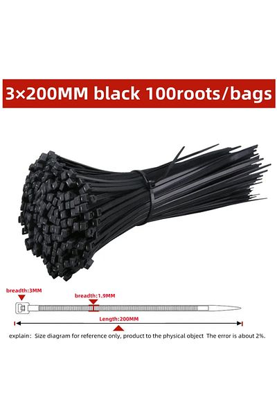 Choice 3x200mm 100pcs Self-locking Plastic Nylon Tie 100 Pcs Black Cable Tie Fastening Ring Cable Tie Zip W