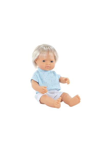 Miniland Blond Caucasian boy doll 38 cm with blue t-shirt, scented body, My Friends and Me collection
