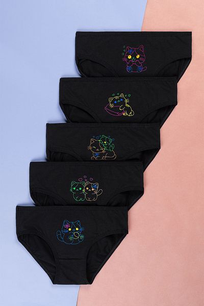 Happy Fox Chiloți din bumbac pentru fete tinere, pachet de 5 – negru, slip colorat cu imprimeu de pisici