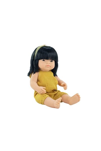 Miniland Asian girl doll 38 cm in mustard jumpsuit, scented body, My Friends and Me collection