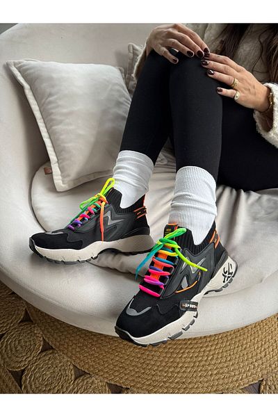 İnan Ayakkabı Women's Black Sneakers Sports Shoes Vegan Leather (5 cm Sole)