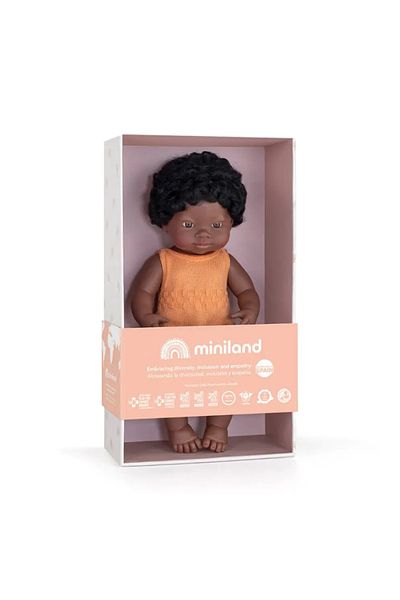 Miniland Doll 38 cm, African girl, dressed in knitted overalls