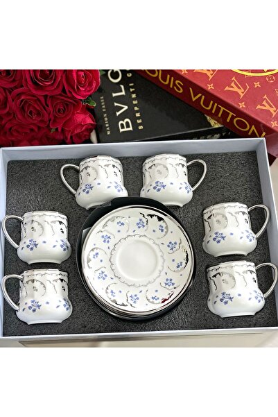 Evimin Eşyası Mavi Çiçekli Porselen 6 Kişilik Türk Kahvesi Fincan Takımı