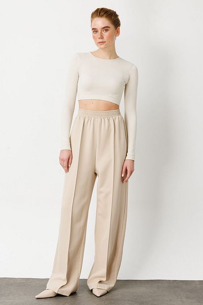 Hooopstore Stone Colored Ribbed Crepe Trousers