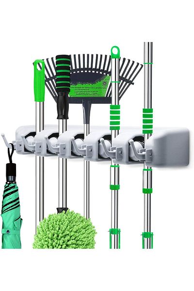 AWH Mounted Broom Holder -5 Positions & 6 Hooks Mop and Tool Organizer for Home & Garage Storage