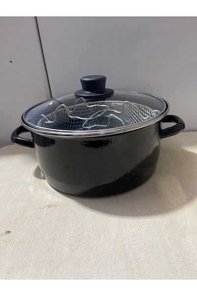Essen Enamel 24cm Chips Fryer Frying Pot with Patterned Glass Lid and Strainer