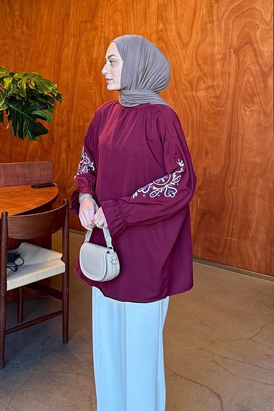 lamelif Burgundy Tunic - Sleeve Embroidery Detail