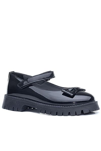 Rakerplus Black Patent Leather Thick Soled Velcro Girls' Ballerinas
