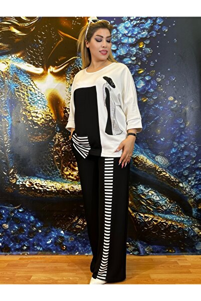 Yeşilmoda طقم أبيض عالي الجودة - جيب وتفاصيل حجرية، ثلاثة خيوط قطنية، كم الخف...