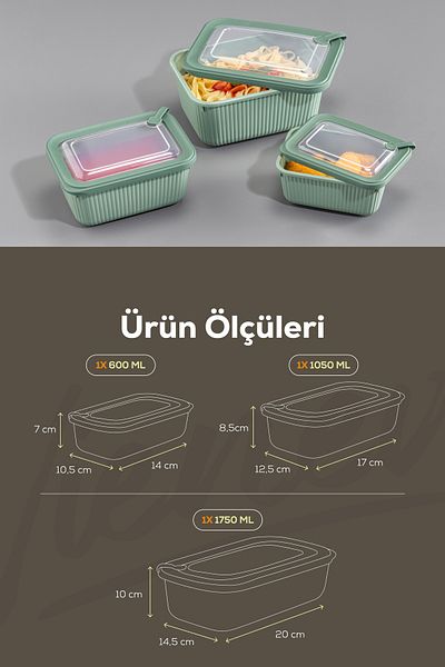 Vienev 3'Lü Vip Rectangular Microadio and Diffrized Suitable 1 Set 1750, 1050, 600 ml