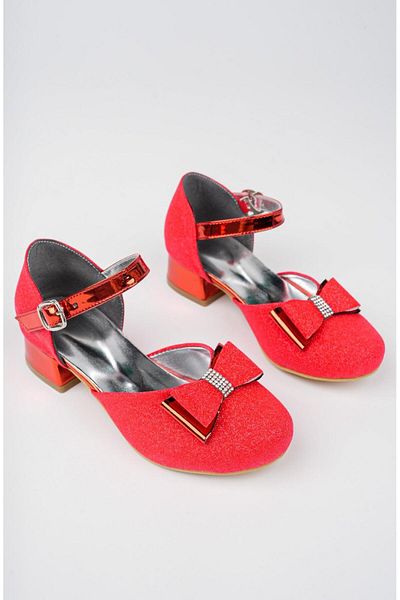 Ramer Girl's Red Evening Dress Glitter Sand Detailed Bow Shoes