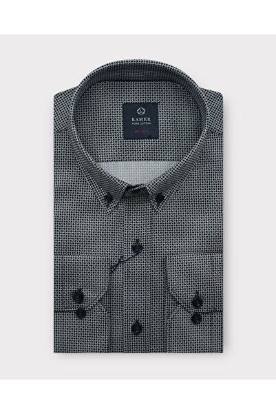 KAMER ERKEK SLIM FIT TAM PAMUK DESENLİ BEYAZA SİYAH GÖMLEK 2421L