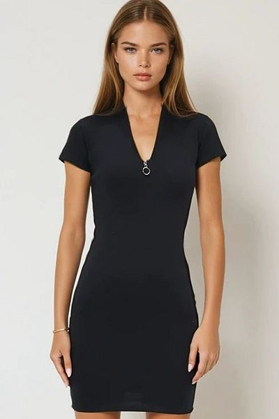 VAGGON Rochie de bază cu jumătate de mânecă, cu fermoar, cu guler negru, Prmx12350