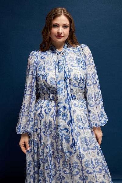 İnce Plus Size Long Silky Chiffon Dress with Shawl Neckline Belt Detail