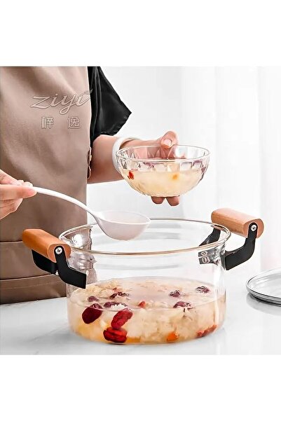 mastergold Heat Resistant Clear Borosilicate Glass Cooking Pot with Stylish Wooden Handles Glass Pot Multi-Use