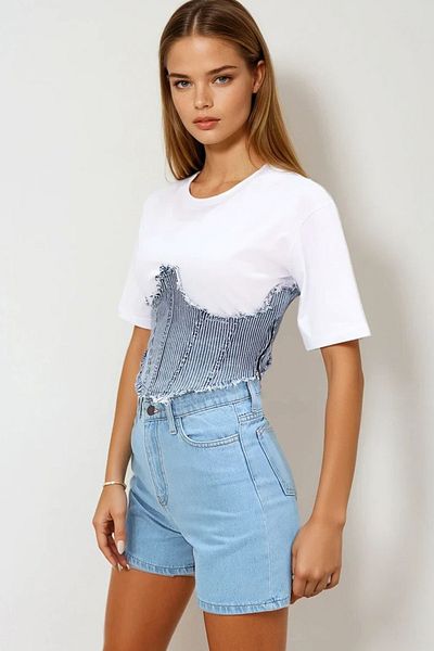 VAGGON Bluză de damă, albastru gheață, cu decolteu rotund, fără căptușeală, cu garnitură de jeans Prmx12245