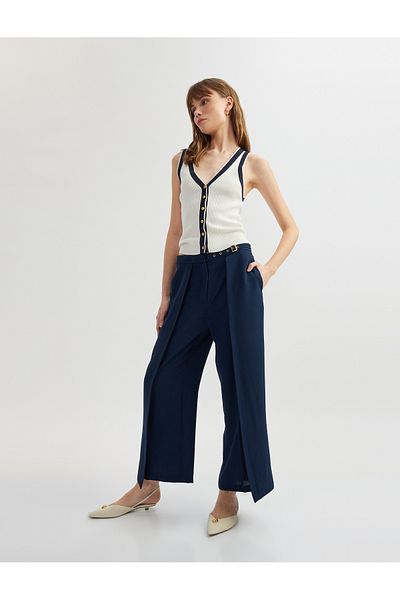 Koton Crepe Fabric Loose Fit Wide Leg Trousers with Belt Pockets