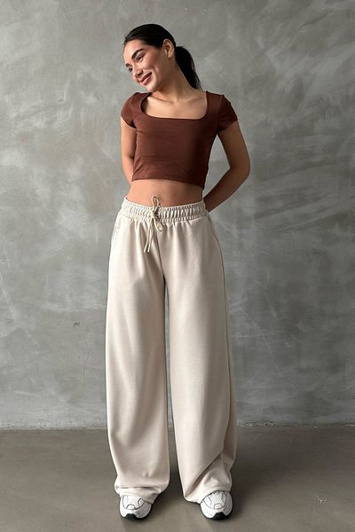 Madmext Beige Basic Damen Jogginghose - Verstellbare Taille, weites Bein, Relaxed Fit MG2122