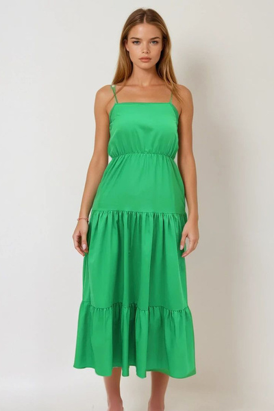 VAGGON Kadın Yeşil Kat Kat Volanlı Askılı Boncuk Aksesuarlı Midiboy Elbise Prmx12333