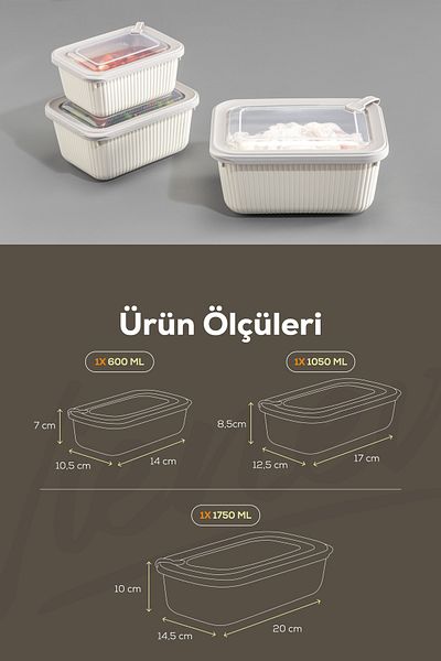 Vienev 3-Piece Vip Rectangular Microwave and Diffuse Suitable Storage Container Set Beige 1X(1750,1050,600 ml)