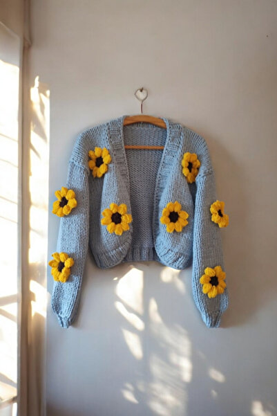 Melonndesign Hand Knitted Sunflower Patterned Women's Cardigan, Crop Women's ...