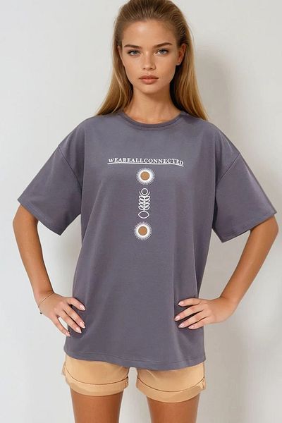 VAGGON Γυναικείο μπλουζάκι Anthracite Oversize Prmx9577 Crew Neck με στάμπα