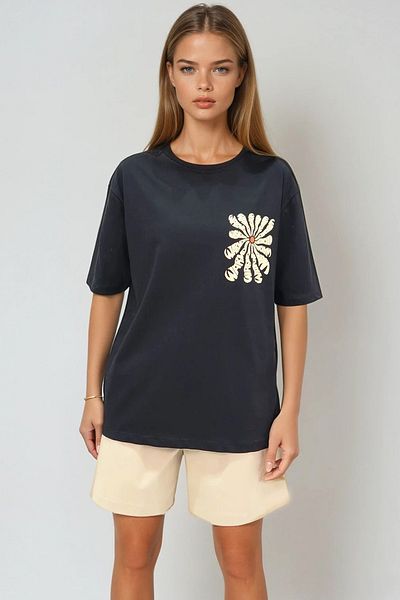 VAGGON Tricou negru pentru femei cu decolteu rotund – Tricou oversize cu imprimeu flocat