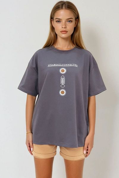 VAGGON Γυναικείο μπλουζάκι Anthracite Oversize Prmx9577 Crew Neck με στάμπα