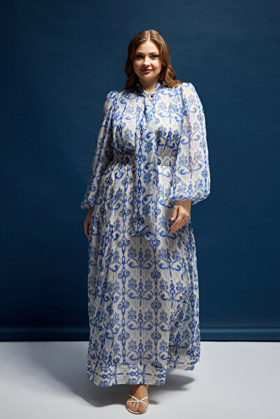 İnce Plus Size Long Silky Chiffon Dress with Shawl Neckline Belt Detail