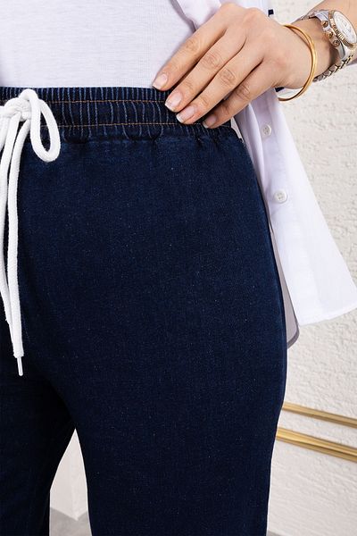Tesettür Dünyası Pantaloni din denim cu talie elastică cu picioare largi TSD 250106   Albastru închis