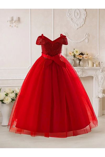 miço kids Elegant Sequined Off-Shoulder Tulle Dress Princess Evening Dress