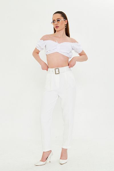 Kutaf White High Waist Belted Carrot Trousers