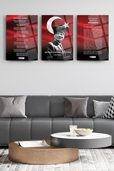 SRD Concept Atatürk 3'lü Set 8 Cam Tablo-Atatürk Tablosu-İstiklal Marşı Tablo...