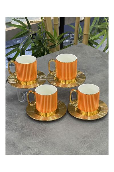 ACAR Orange Erika 4-Piece Luxury Porcelain Teacup Set