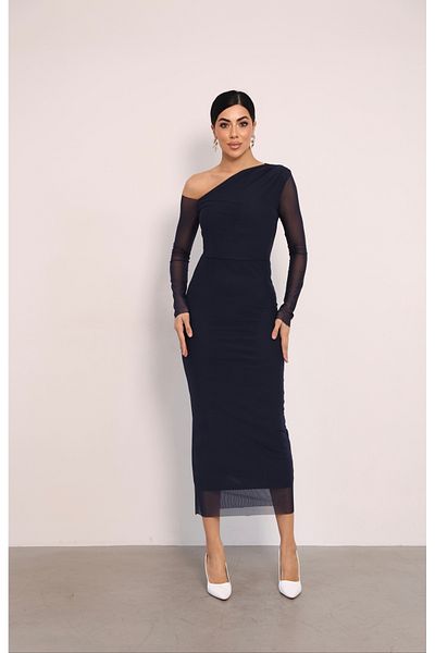 giyimmasalı Tulle Fabric Pencil Dress with Shoulder Detail - Dark Blue