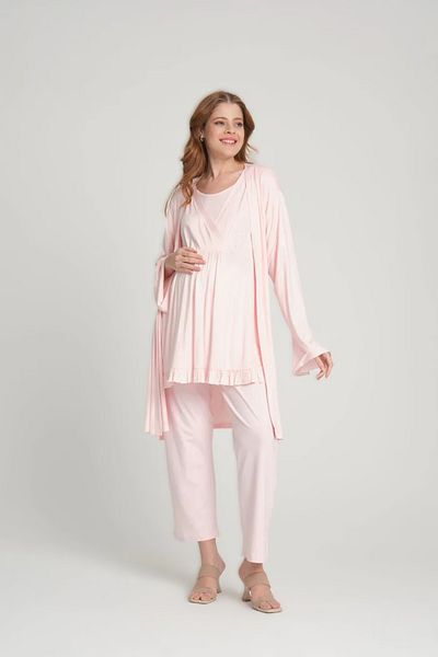 Pelin Women's Powder Double Breasted Collar - Maternity Set: Hidden Breastfeeding and 3's Pajamas
